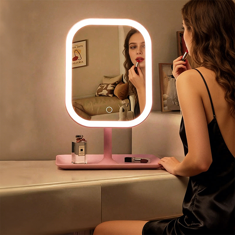 Large Square Rotating LED Makeup Mirror with Adjustable Lighting - Vanity Mirror for Bedroom and Dormitory