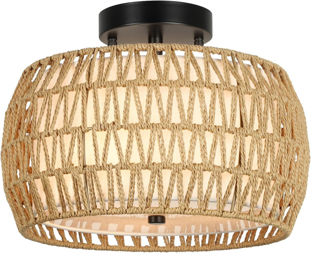 Boho Rattan Ceiling Light with Fabric Shade - Hand-Woven Semi Flush Mount, Farmhouse Style, Brown