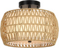Boho Rattan Ceiling Light with Fabric Shade - Hand-Woven Semi Flush Mount, Farmhouse Style, Brown