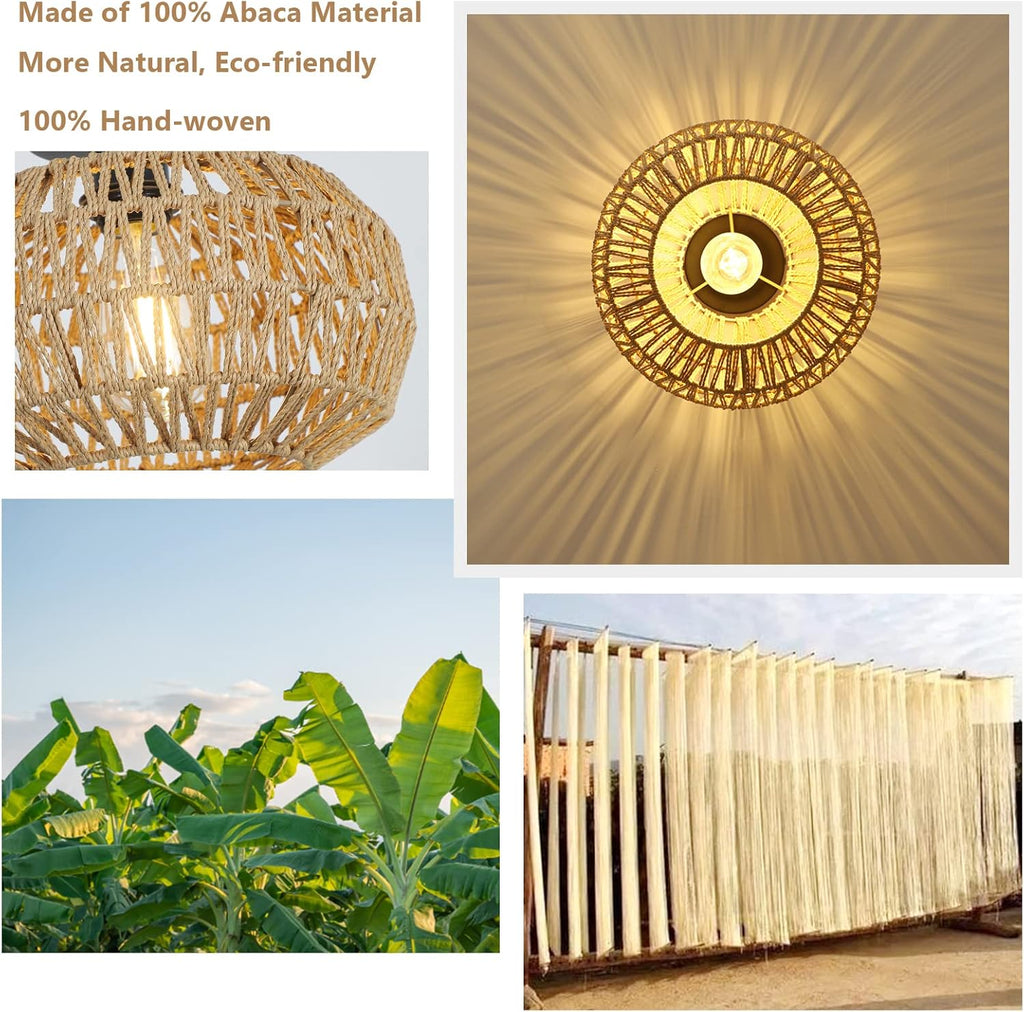 Boho Rattan Ceiling Light - Hand-Woven Flush Mount Fixture with Dimmable LED Bulb, 12" Natural Brown