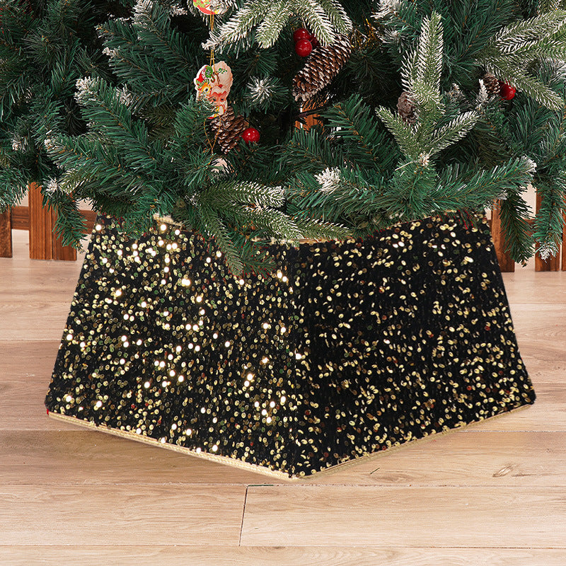 Black & Gold Sequin Christmas Tree Skirt - Glamorous Base Decoration in Round, Four-Corner & Six-Corner Styles