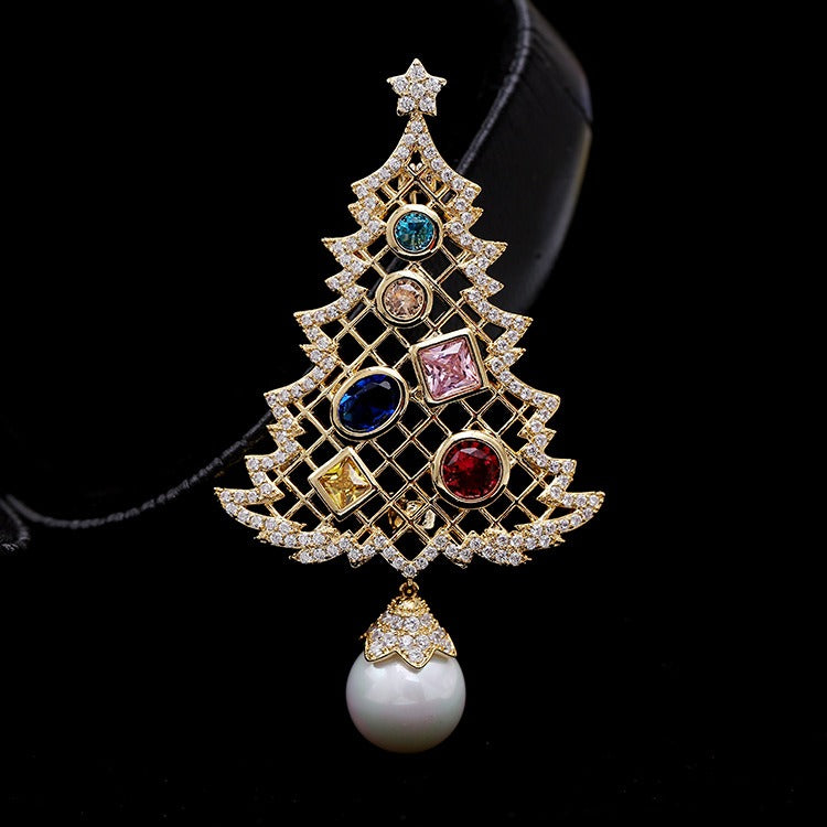 Christmas Tree Crystal Brooch Pin - Gold Dual-Purpose Festive Jewellery Accessory