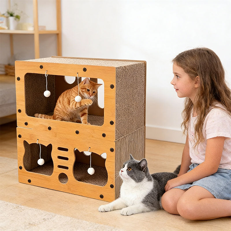 3-in-1 Cat House, Bed and Scratch Post - Multi-Layer Eco-Friendly Cardboard Cat Furniture