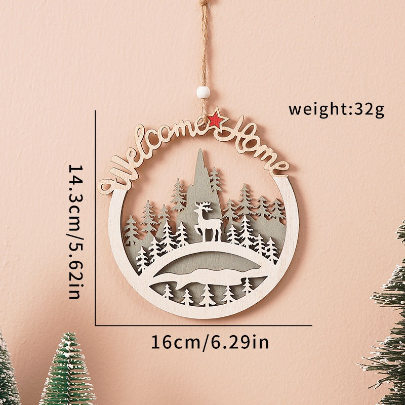Christmas Wooden Plush Tree Decorations with Santa Claus, Snowman, Reindeer Hanging Ornaments