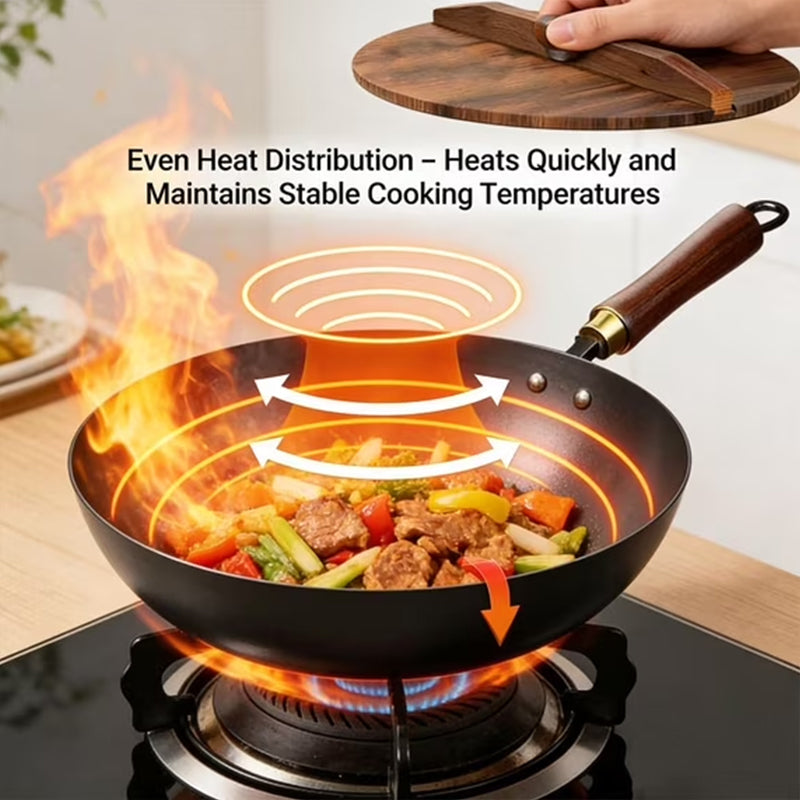 Hand-Forged Iron Wok – Uncoated Traditional Wok with Wood Lid for Gas & Induction