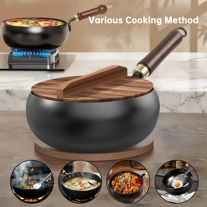 Hand-Forged Iron Wok – Uncoated Traditional Wok with Wood Lid for Gas & Induction
