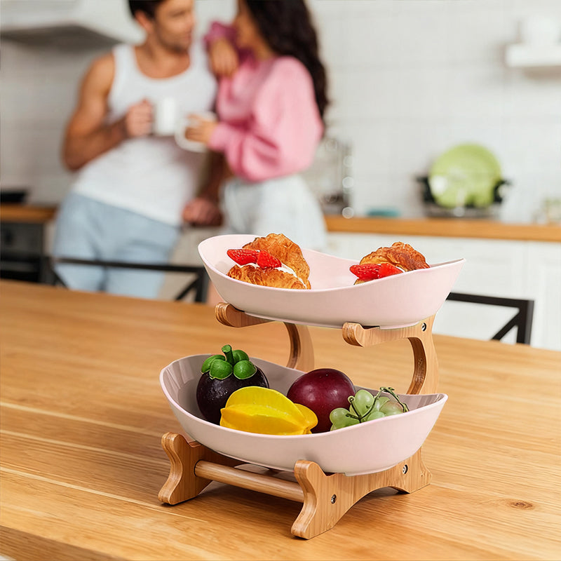 2-Tier Bamboo Fruit Stand - Space-Saving Kitchen Countertop Organiser with Ventilation