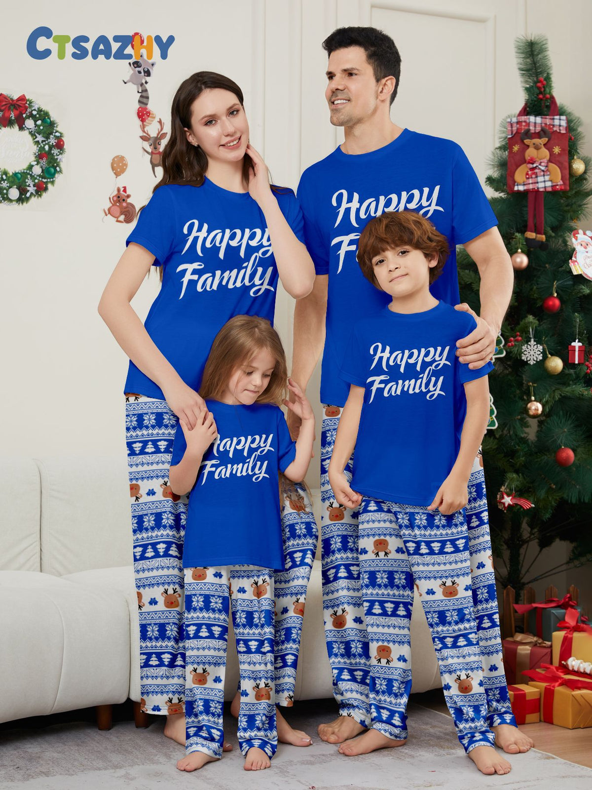 Christmas Family Matching Pyjamas - Deer, Letter & Stripe Short Sleeve Set for the Whole Family (inc. Dog!)