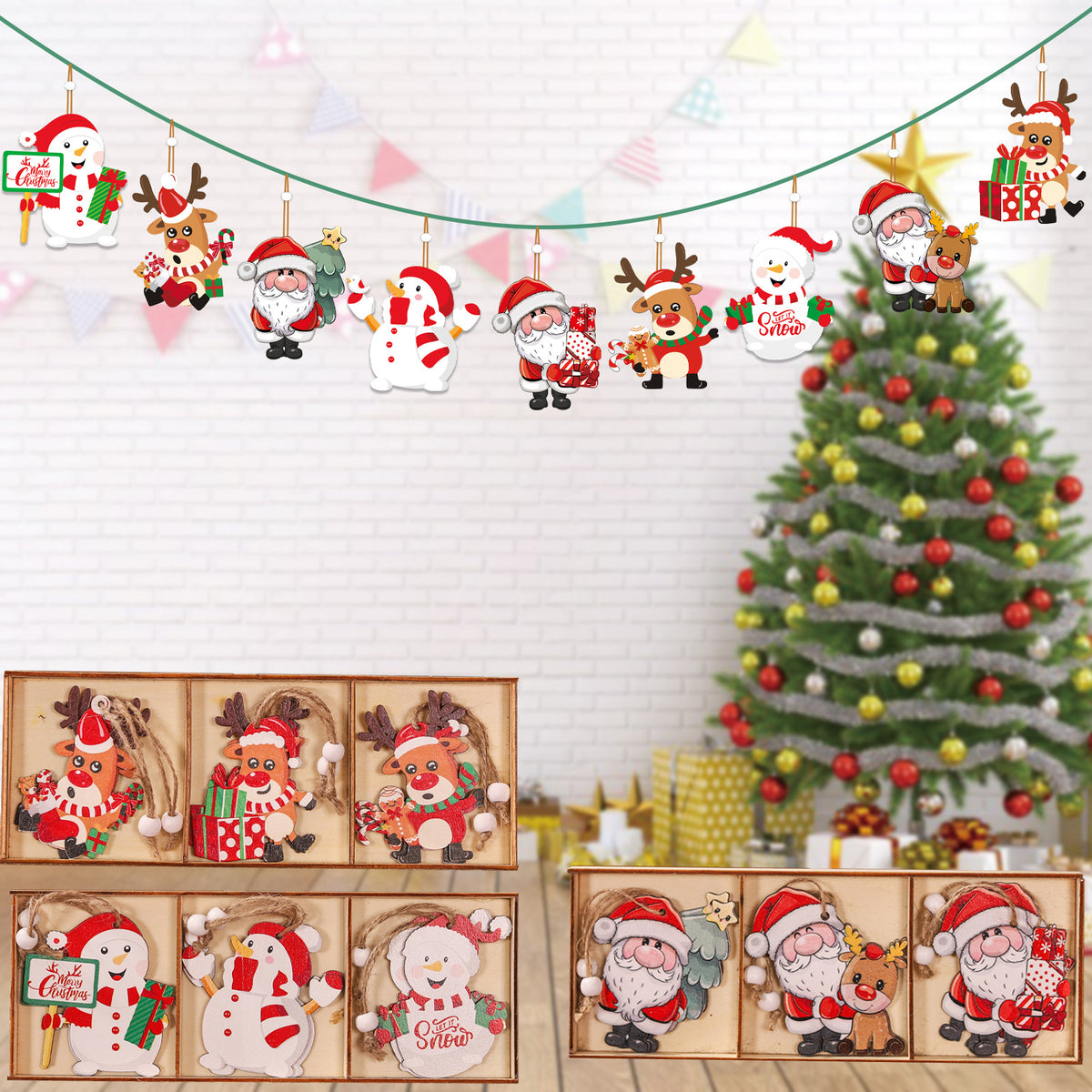 9-Piece Wooden Christmas Tree Pendant Set - Santa, Snowman & Reindeer Triple Panel Ornament