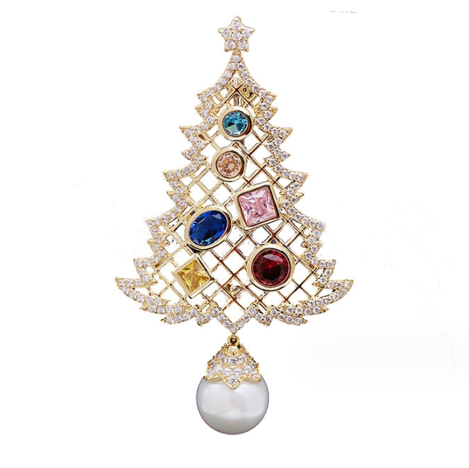 Christmas Tree Crystal Brooch Pin - Gold Dual-Purpose Festive Jewellery Accessory