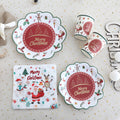 Christmas themed party supplies, lace disposable paper plates, paper cups, tissue tablecloths, dining plates, Christmas cutlery sets