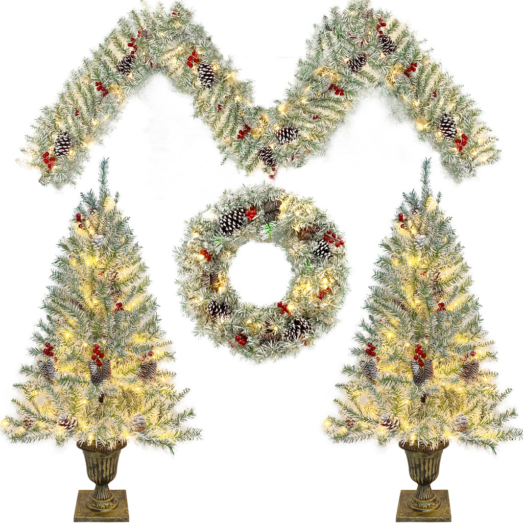 Pre-Lit Christmas 4-Piece Set – 2 Entrance Trees, Garland & Wreath with 340 LED Lights