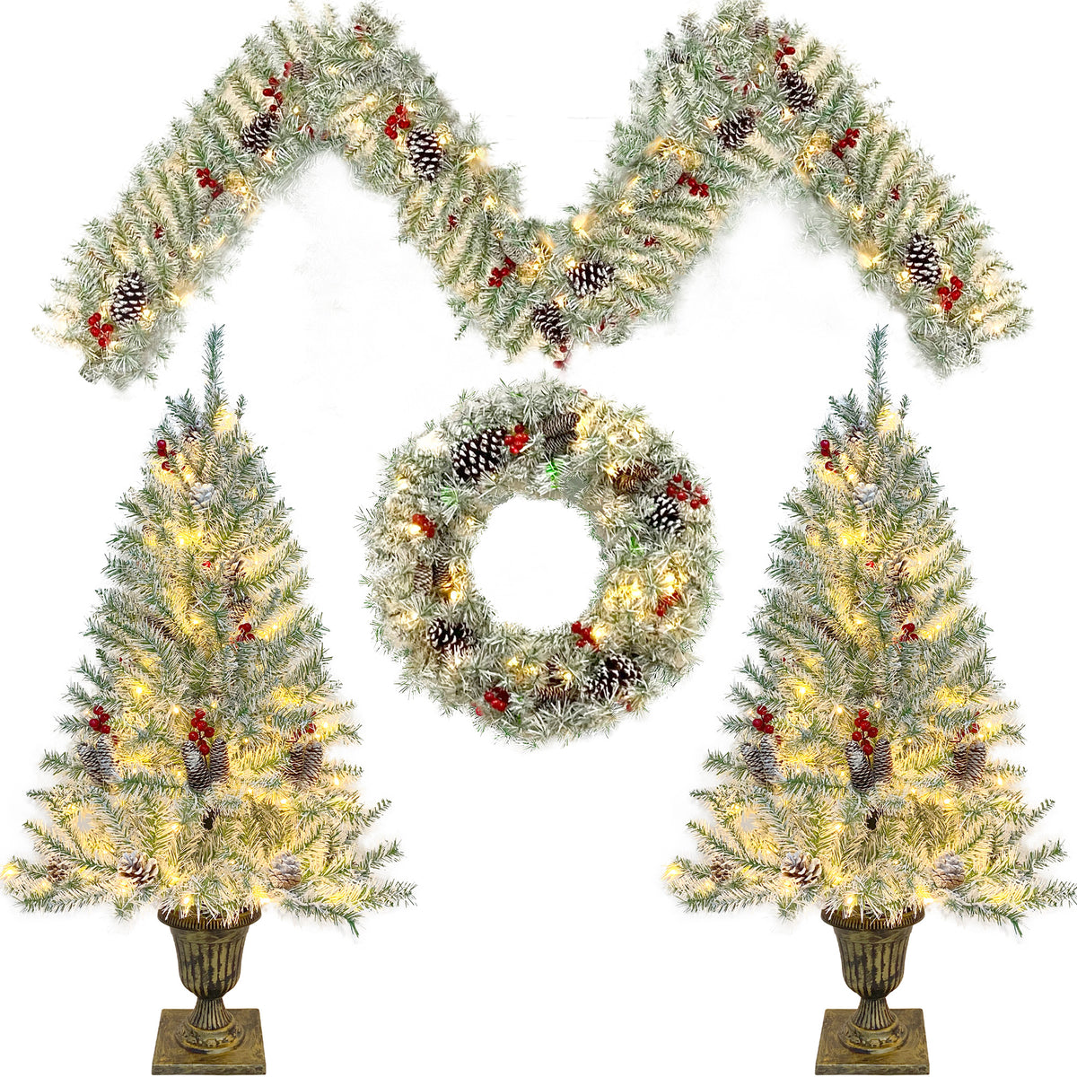 Pre-Lit Christmas 4-Piece Set – 2 Entrance Trees, Garland & Wreath with 340 LED Lights