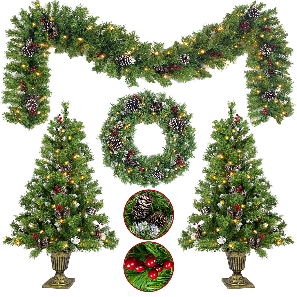 Classic Green Christmas 4-Piece Set – 2 Entrance Trees, Garland & Wreath with 340 LED Lights