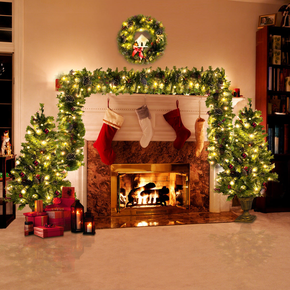 Classic Green Christmas 4-Piece Set – 2 Entrance Trees, Garland & Wreath with 340 LED Lights