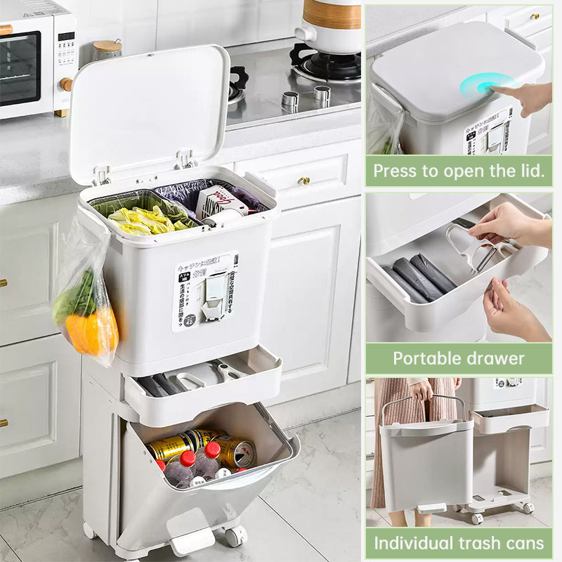 42L Kitchen Recycling Bin with Pedal & Wheels - 3 Compartment Sorting Bin