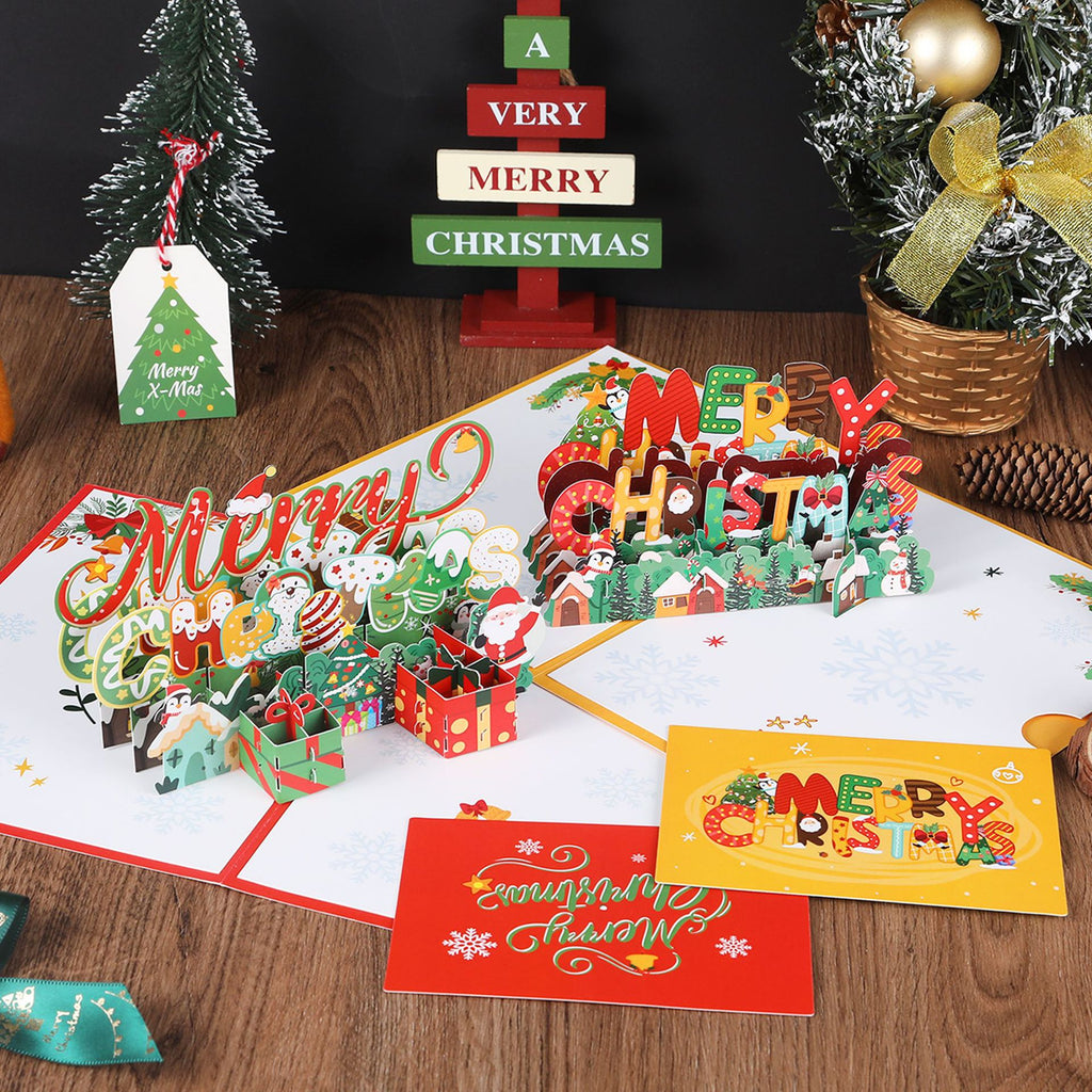 Christmas 3D greeting card, Christmas tree, little penguin cartoon, cute paper carving, handwritten message greeting card