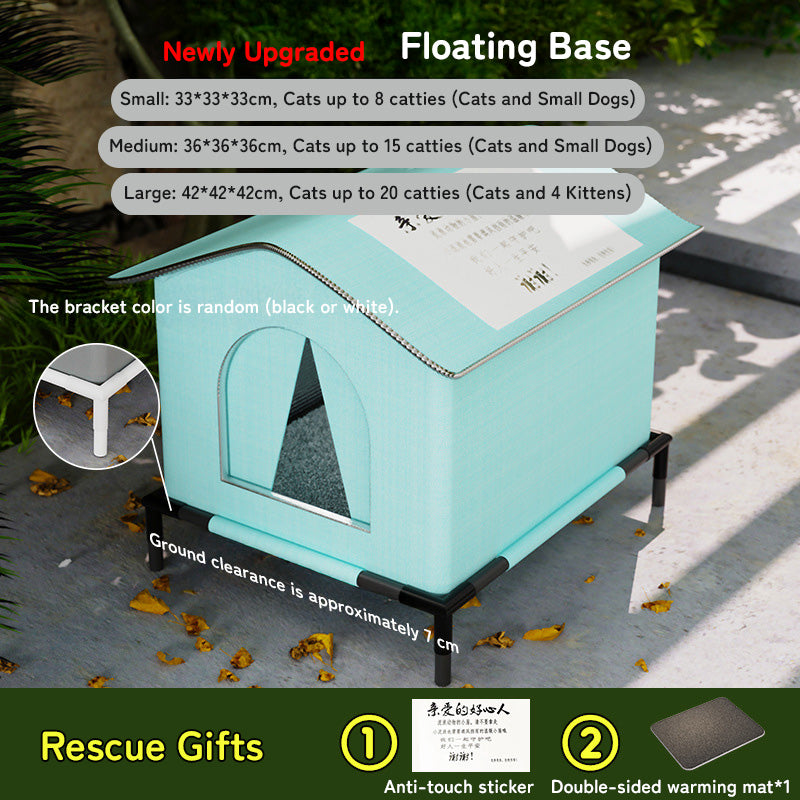 Insulated Outdoor Cat House with Raised Base - Windproof Weatherproof Shelter with Reflective Lining