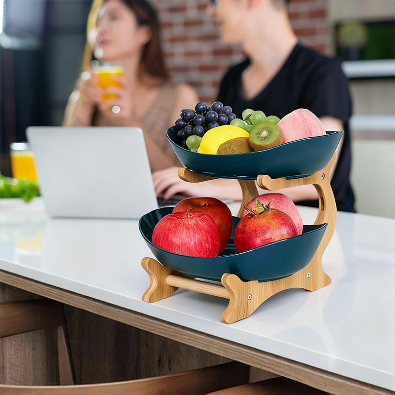 2-Tier Bamboo Fruit Stand - Space-Saving Kitchen Countertop Organiser with Ventilation