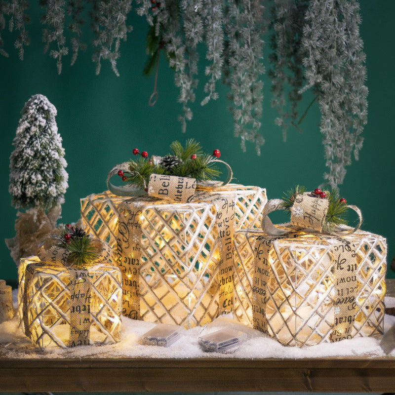 Luminous LED Christmas Gift Box Set - Iron & PVC Stacked Ornament in 3 Styles (3-Piece Set)