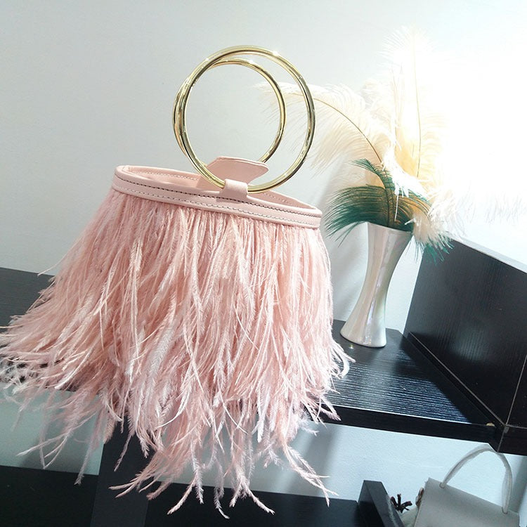 Ostrich Feather Chain Bag – Luxury Round Shoulder Bag with Ring Detail