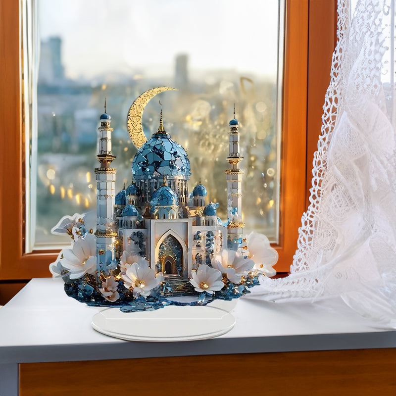 Ramadan Acrylic Moon & Castle Ornament – Eid Al-Fitr Decoration Stand