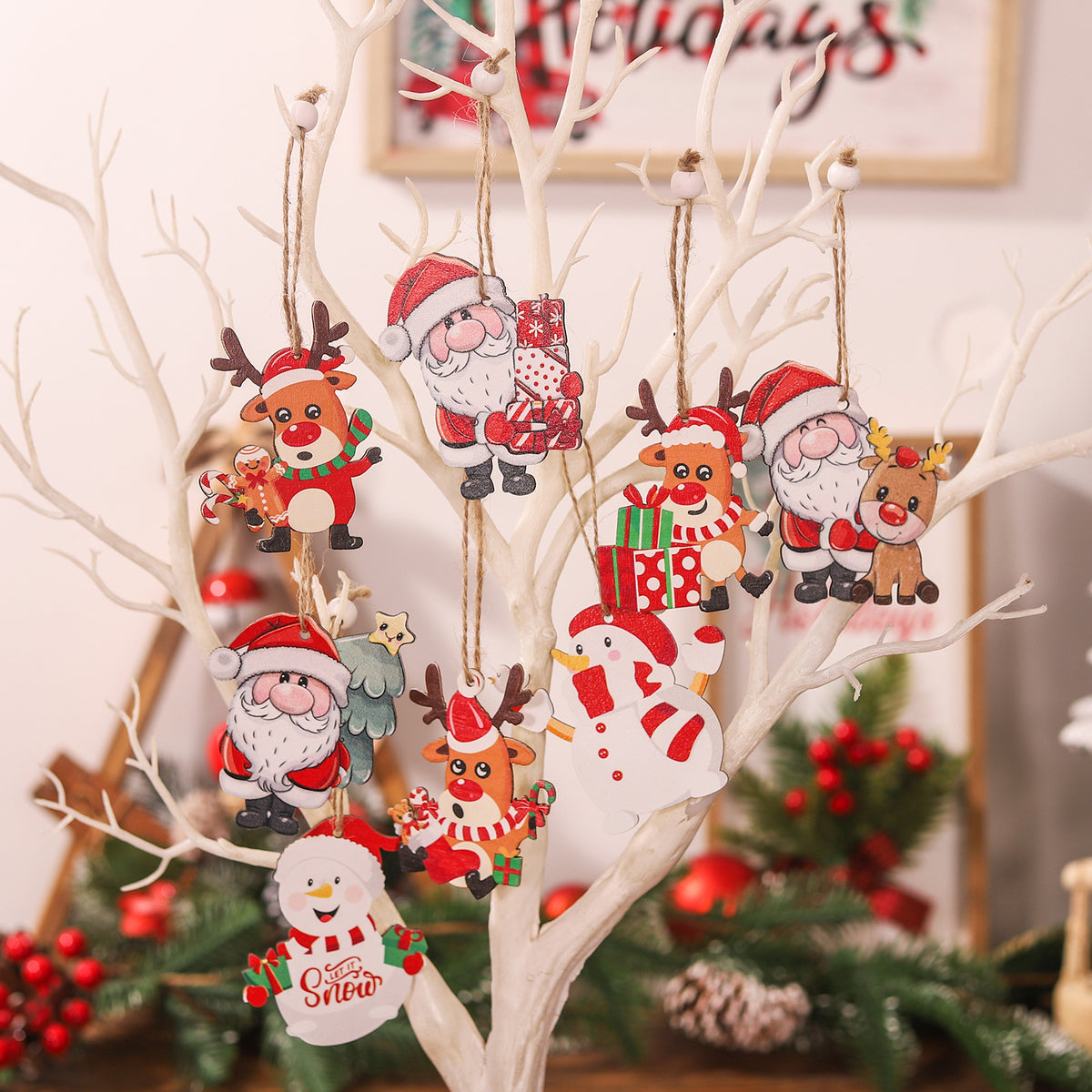 9-Piece Wooden Christmas Tree Pendant Set - Santa, Snowman & Reindeer Triple Panel Ornament