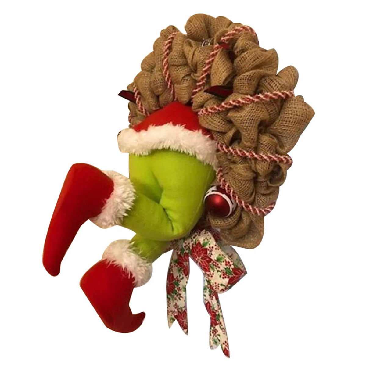 Christmas Thief Burlap Wreath - Funny Festive Door Decoration with Poseable Plush Legs in 3 Sizes