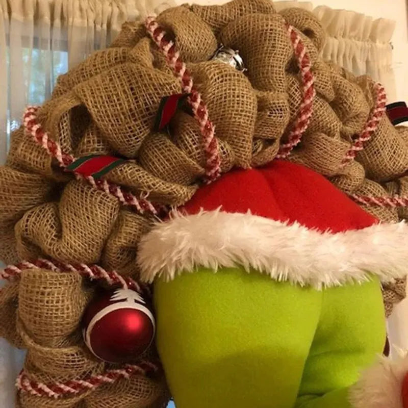 Christmas Thief Burlap Wreath - Funny Festive Door Decoration with Poseable Plush Legs in 3 Sizes