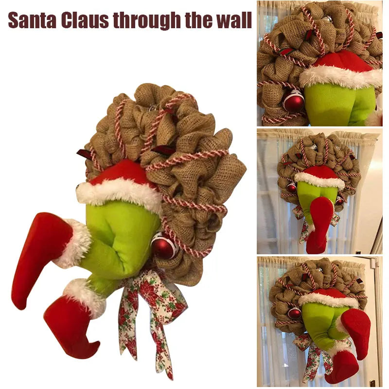 Christmas Thief Burlap Wreath - Funny Festive Door Decoration with Poseable Plush Legs in 3 Sizes