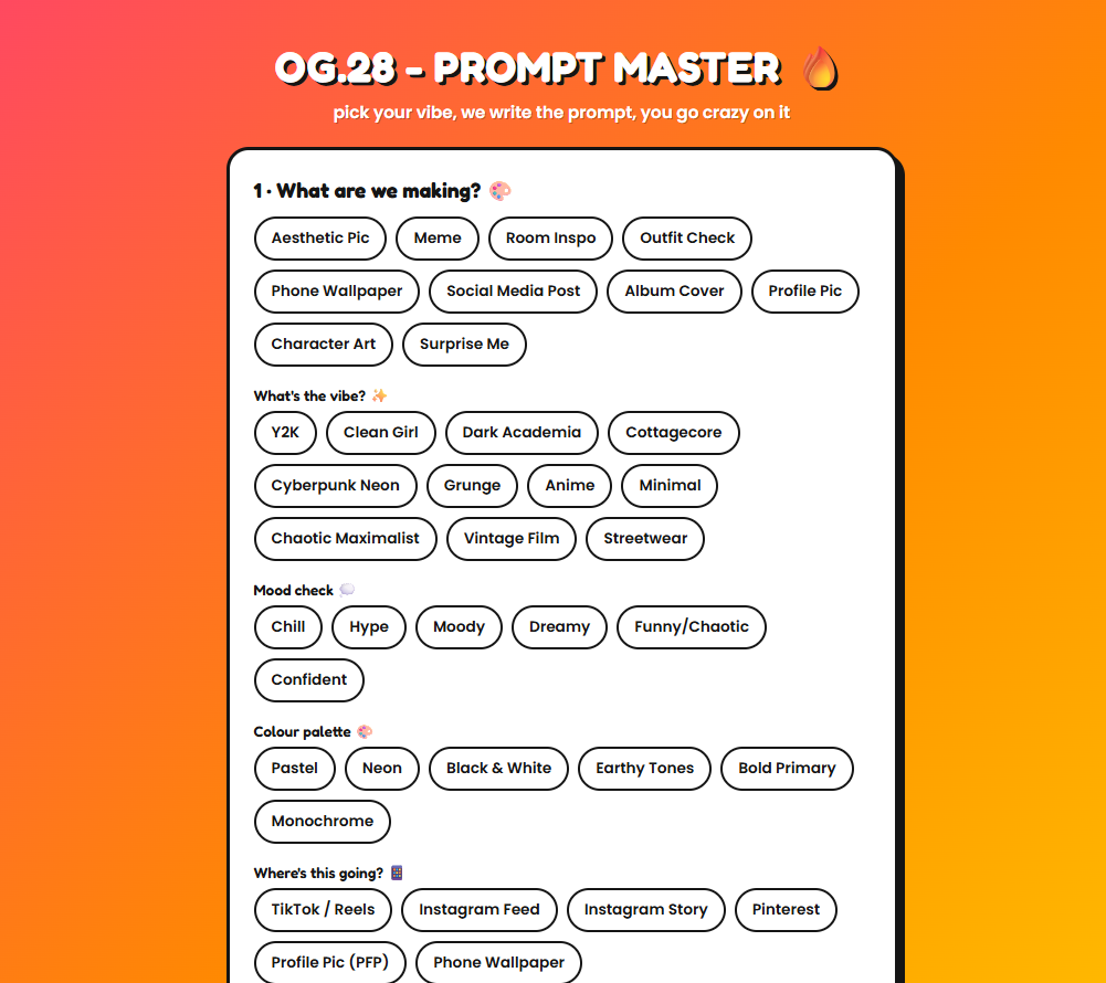 Og.28 Prompt Master screen with choices for image type, vibe, mood, colour palette and destination.