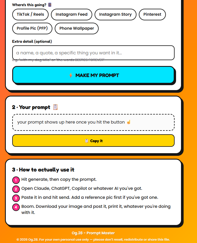 Og.28 Prompt Master screen showing the generated prompt, copy button, AI-tool instructions and personal-use licence.