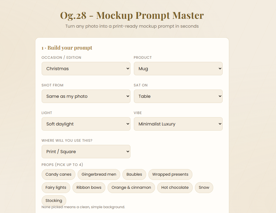 Updated Mockup Prompt Master builder interface